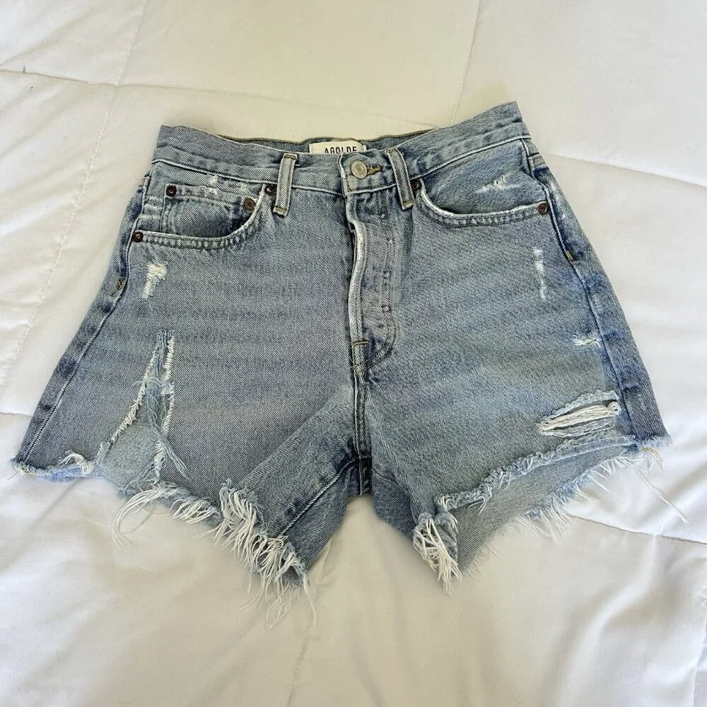 Agolde Long Parker Distressed Denim‎ Shorts Light Wash Button-Fly Womens 24